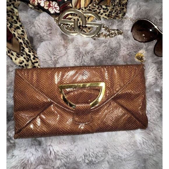 Big Buddha Faux Snakeskin Brown Clutch Oversized Gold Ornament/buckle, Purse - Picture 1 of 14
